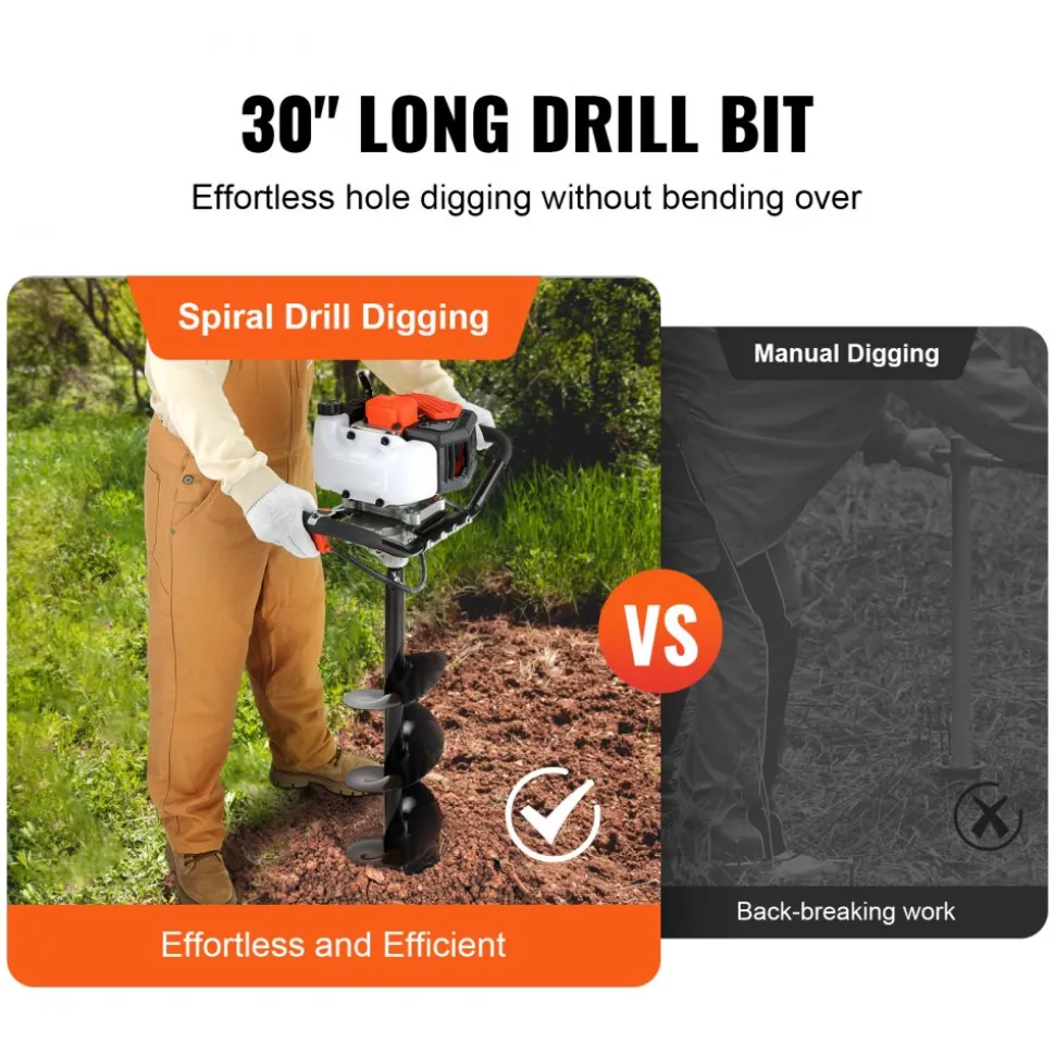 VEVOR Post Hole Digger, 43cc 1250W Auger Post Hole digger, Gas Powered Earth Digger with 8" Earth Auger Drill Bit, 30 inch Long Alloy Steel Auger, for Farmland, Garden and Plant, EPA certification