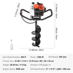 VEVOR Post Hole Digger, 43cc 1250W Auger Post Hole digger, Gas Powered Earth Digger with 8