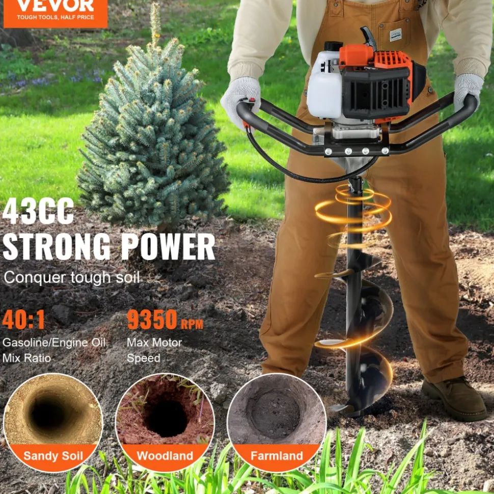 VEVOR Post Hole Digger, 43cc 1250W Auger Post Hole digger, Gas Powered Earth Digger with 8" Earth Auger Drill Bit, 30 inch Long Alloy Steel Auger, for Farmland, Garden and Plant, EPA certification