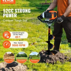 VEVOR Post Hole Digger Gas Powered, 52CC 1450W Earth Auger, Gas Auger with 8” Auger Drill Action Design Bits & 1 Extension Rod, Post Fence Hole Digger for Farmland Garden Plant, Orange+Black