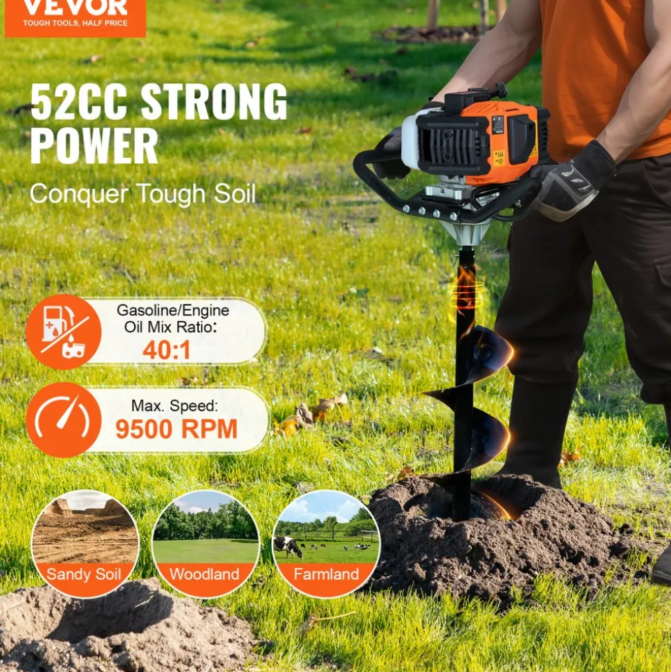 VEVOR Post Hole Digger Gas Powered, 52CC 1450W Earth Auger, Gas Auger with 8” Auger Drill Action Design Bits & 1 Extension Rod, Post Fence Hole Digger for Farmland Garden Plant, Orange+Black