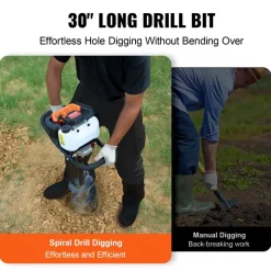 VEVOR Post Hole Digger Gas Powered, 52CC 1450W Earth Auger, Gas Auger with 8” Auger Drill Action Design Bits & 1 Extension Rod, Post Fence Hole Digger for Farmland Garden Plant, Orange+Black