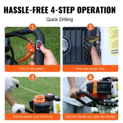VEVOR Post Hole Digger Gas Powered, 52CC 1450W Earth Auger, Gas Auger with 8” Auger Drill Action Design Bits & 1 Extension Rod, Post Fence Hole Digger for Farmland Garden Plant, Orange+Black