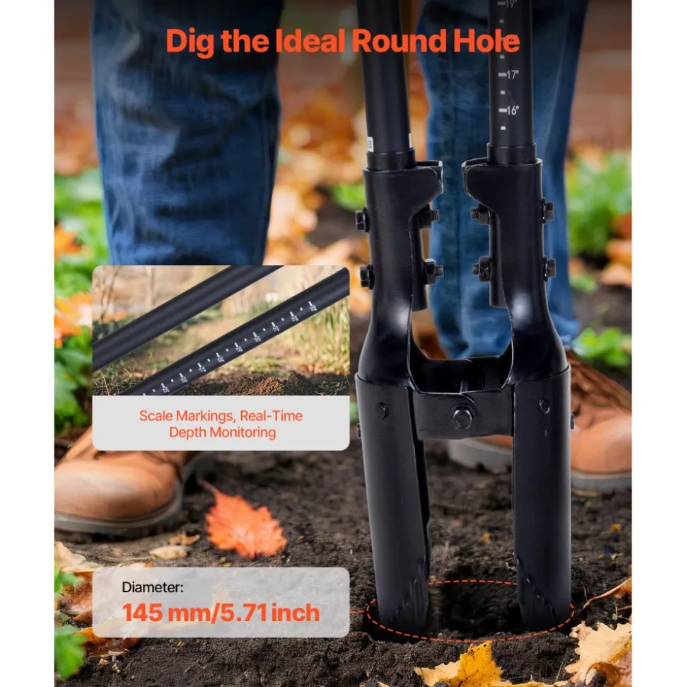 VEVOR Post Hole Digger, Heavy Duty Post Hole Digger with Fiberglass Handle, Manual Hole Digger with Scale Markings and Metal Blade, Post Hole Digger Tool for Digging Gardening and Outdoors, 57.5-Inch