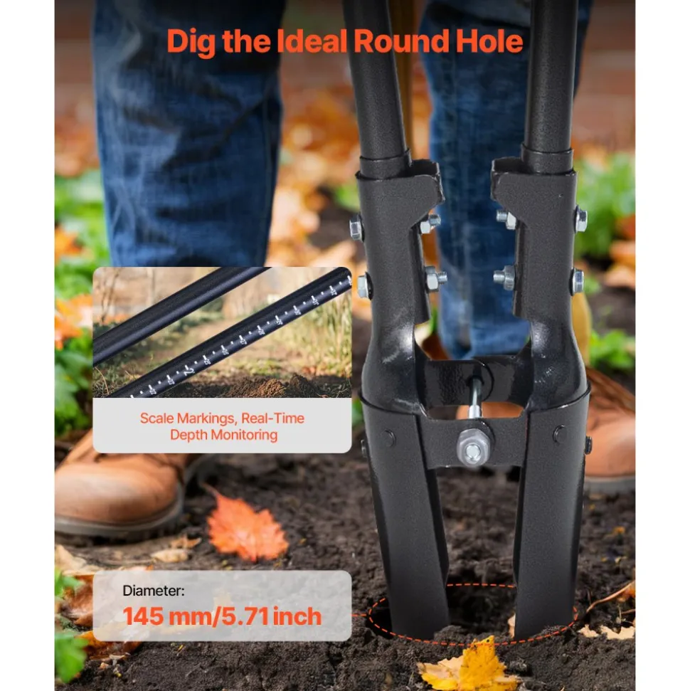 VEVOR Post Hole Digger, Heavy Duty Post Hole Digger with Carbon Steel Handle, Manual Hole Digger with Scale Markings and Metal Blade, Post Hole Digger Tool for Digging Gardening Outdoors, 57.5-Inch