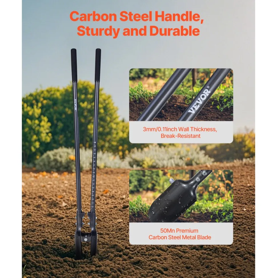 VEVOR Post Hole Digger, Heavy Duty Post Hole Digger with Carbon Steel Handle, Manual Hole Digger with Scale Markings and Metal Blade, Post Hole Digger Tool for Digging Gardening Outdoors, 57.5-Inch