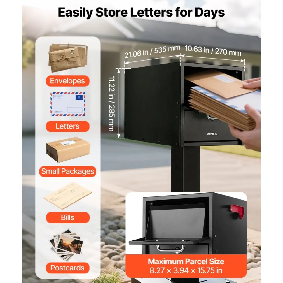 VEVOR Post Mount Mailbox, Anti-Pry & Anti-Theft Mailboxes for Outside, Heavy Duty Lockable Mail Box with Magnetic Door, Weather-Resistant Metal Post Box for House Outside 21.06 x 10.63 x 11.22 in