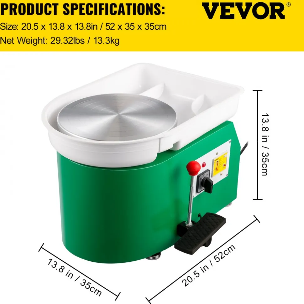 VEVOR Pottery Wheel 28cm Pottery Forming Machine 350W Electric Pottery Wheel with Adjustable Feet Lever Pedal DIY Clay Tool with Tray for Ceramic Work Clay Art DIY Clay Green, 18 Piece