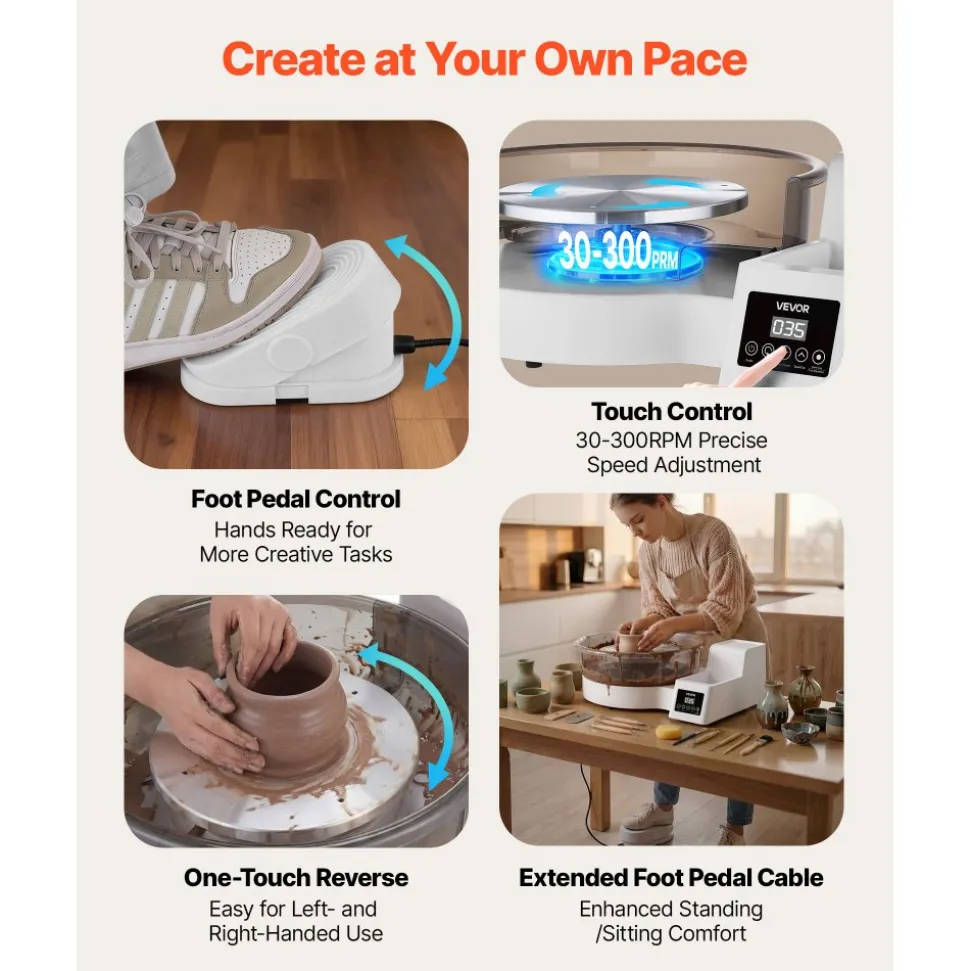 VEVOR Pottery Wheel for Adults, 14" and 11" Turntables, 450W Electric Table Top Pottery Wheel with Foot Pedal, 30-300 RPM Adjustable Speed, Detachable Basin, for Beginners, DIY Clay Art Craft, White