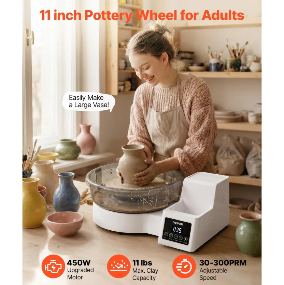 VEVOR Pottery Wheel for Adults, 11" Aluminum Turntable, 450W Electric Table Top Pottery Wheel with Foot Pedal, 30-300 RPM Adjustable Speed, Detachable Basin, for Beginners, DIY Clay Art Craft, White