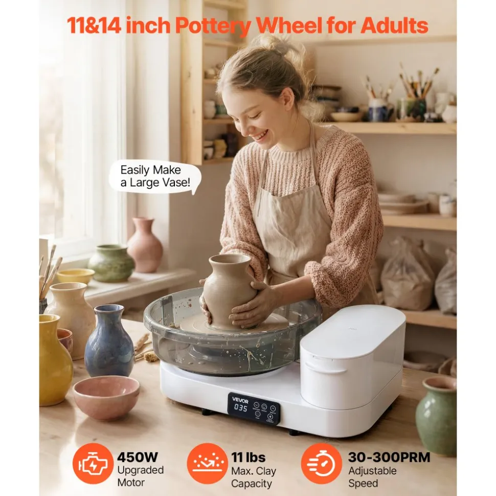 VEVOR Pottery Wheel for Adults, 14" and 11" Turntables, 450W Electric Table Top Pottery Wheel with Foot Pedal, 30-300 RPM Adjustable Speed, Aluminum Body, for Beginners, DIY Clay Art Craft, White