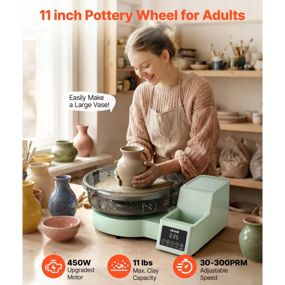 VEVOR Pottery Wheel for Adults, 11" Aluminum Turntable, 450W Electric Table Top Pottery Wheel with Foot Pedal, 30-300 RPM Adjustable Speed, Detachable Basin, for Beginners, DIY Clay Art Craft, Green