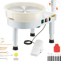 VEVOR Pottery Wheel, 14 in Ceramic Wheel Forming Machine, 60-300 RPM Adjustable Speed with Foot Pedal Control, Detachable Basin, Adjustable Lift Leg, Complete Accessories for Home Pottery, DIY, White