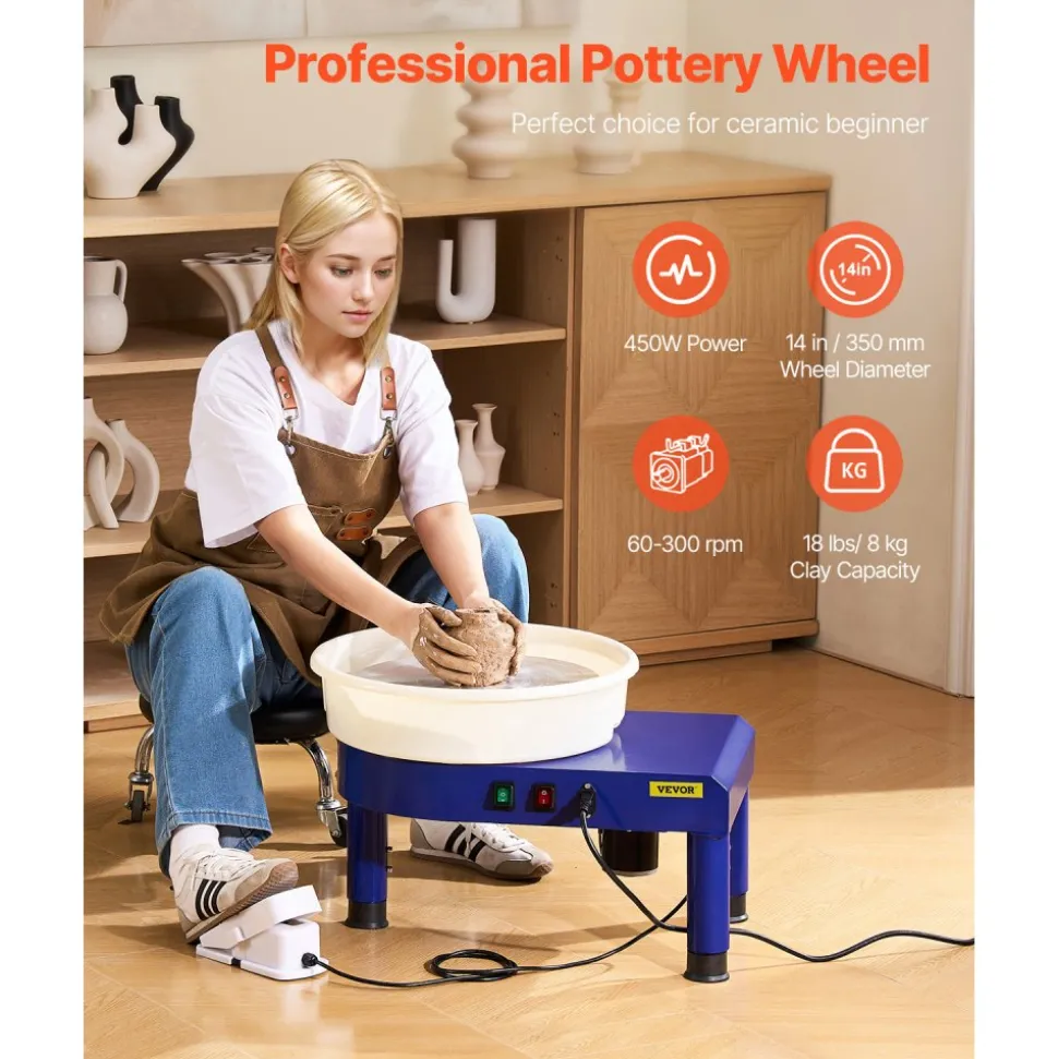 VEVOR Pottery Wheel, 14 in Ceramic Wheel Forming Machine, 60-300 RPM Adjustable Speed with Foot Pedal Control, Detachable Basin, Adjustable Lift Leg, Complete Accessories for Home Pottery, DIY, Blue