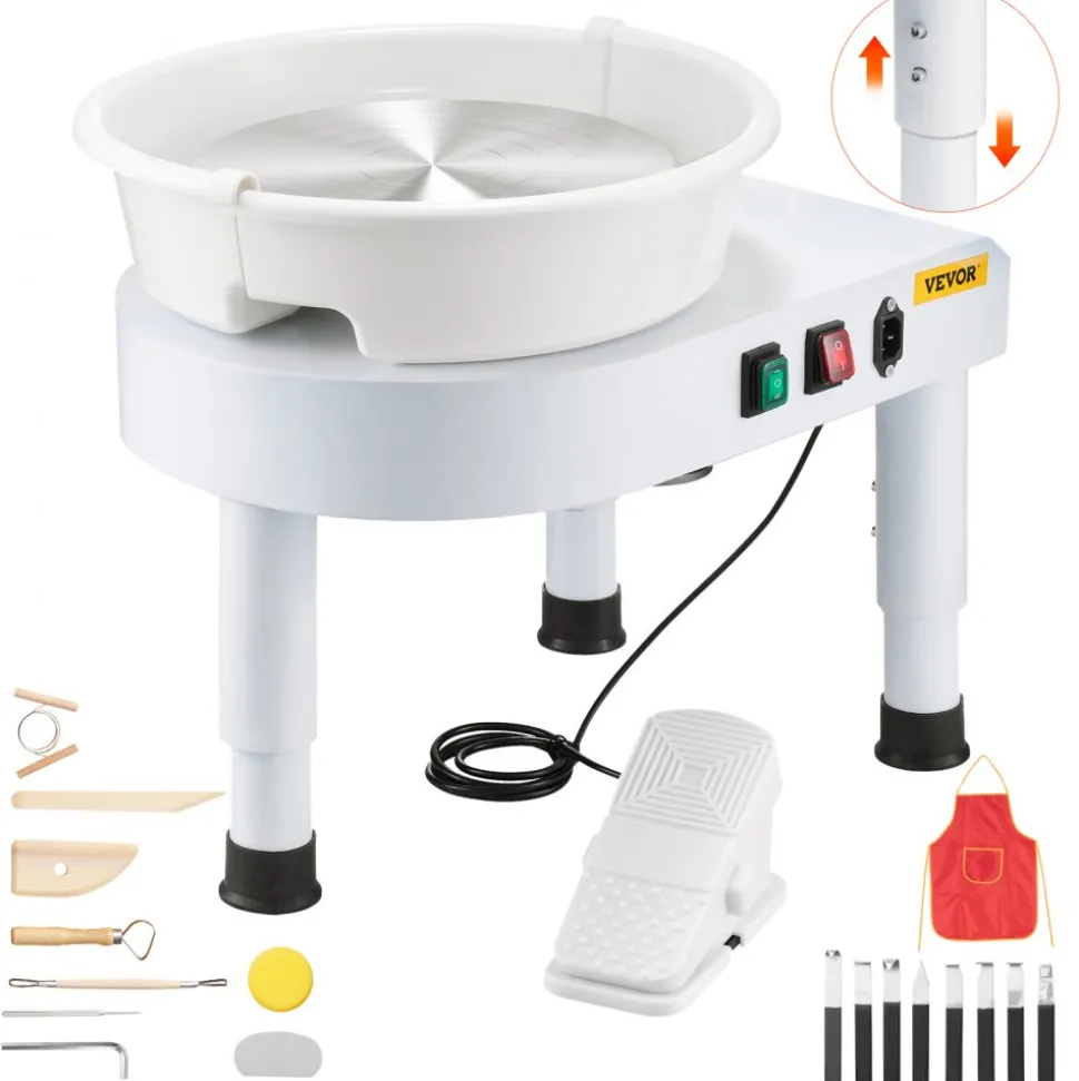 VEVOR Pottery Wheel, 11 in Ceramic Wheel Forming Machine, 60-300 RPM Speed Adjustable Foot Pedal, Adjustable Lift Leg, Detachable Basin, Complete Tool Accessory Kit for Work Art Craft DIY, White