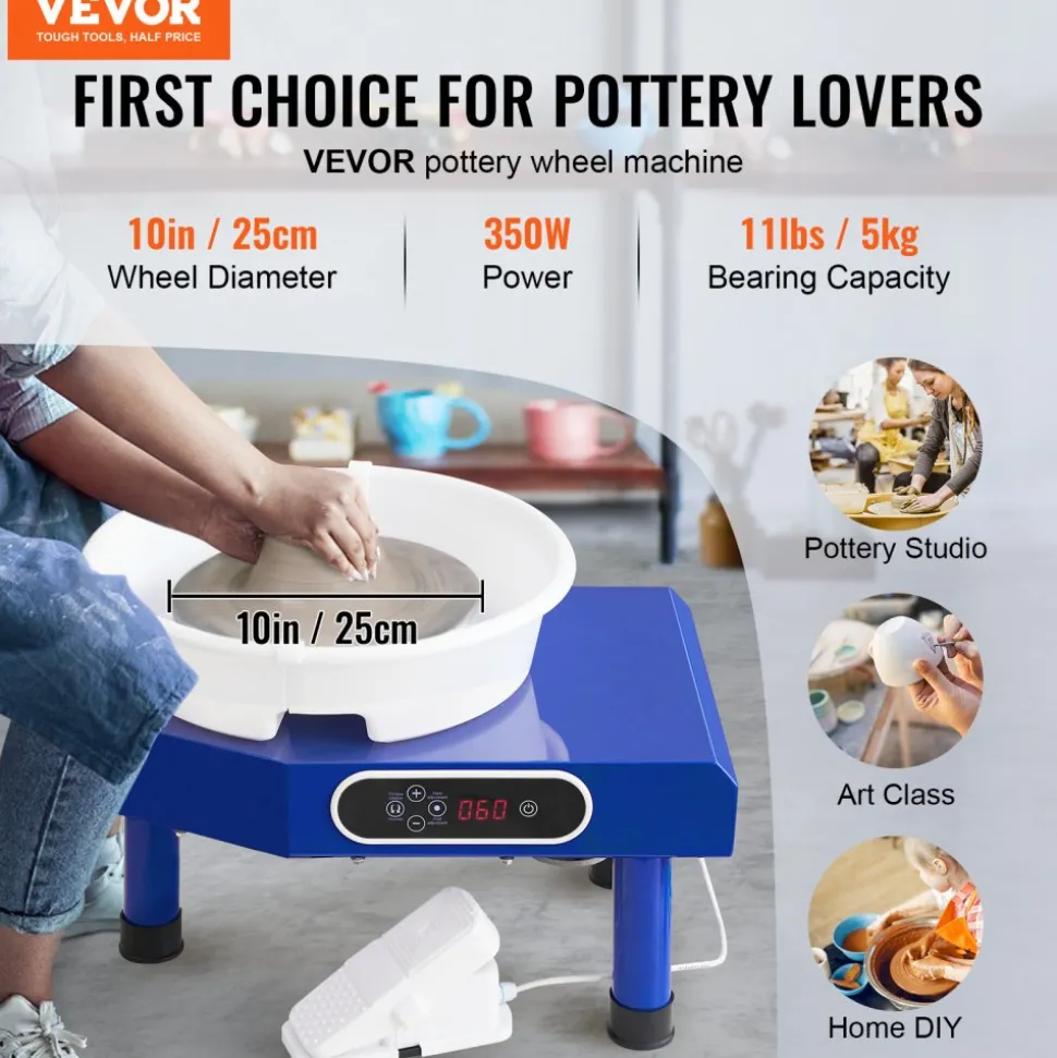 VEVOR Pottery Wheel, 10in Ceramic Wheel Forming Machine, Foot Pedal ABS Detachable Basin, 60-300RPM Adjustable Speed Manual LCD Panel, Sculpting Tool Apron Accessory Kit for Work Art Craft DIY