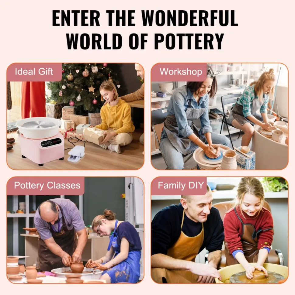 VEVOR Pottery Wheel, 10 inch Pottery Forming Machine, 350W Electric Wheel for Pottery with Foot Pedal and LCD Touch Screen, Direct Drive Ceramic Wheel with Shaping Tools for DIY Art Craft, Pink