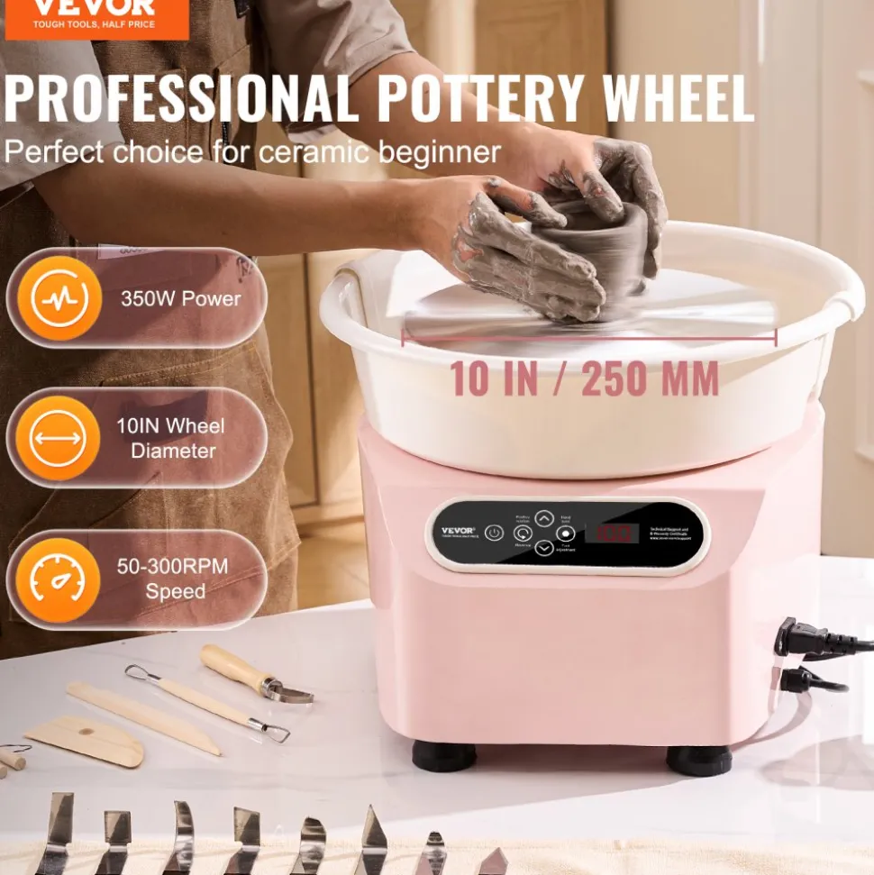 VEVOR Pottery Wheel, 10 inch Pottery Forming Machine, 350W Electric Wheel for Pottery with Foot Pedal and LCD Touch Screen, Direct Drive Ceramic Wheel with Shaping Tools for DIY Art Craft, Pink