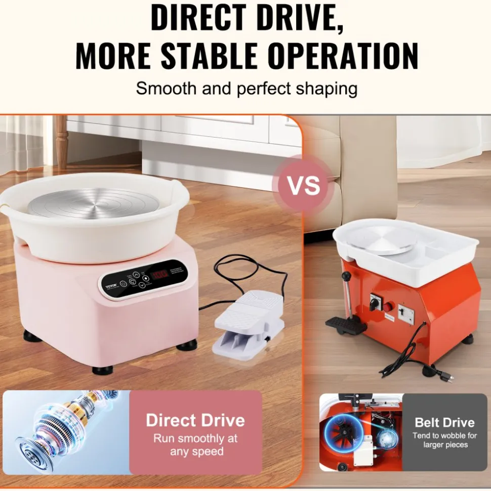 VEVOR Pottery Wheel, 10 inch Pottery Forming Machine, 350W Electric Wheel for Pottery with Foot Pedal and LCD Touch Screen, Direct Drive Ceramic Wheel with Shaping Tools for DIY Art Craft, Pink