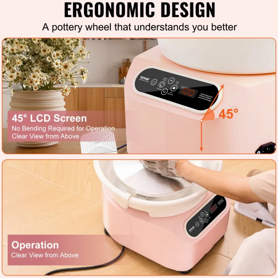 VEVOR Pottery Wheel, 10 inch Pottery Forming Machine, 350W Electric Wheel for Pottery with Foot Pedal and LCD Touch Screen, Direct Drive Ceramic Wheel with Shaping Tools for DIY Art Craft, Pink