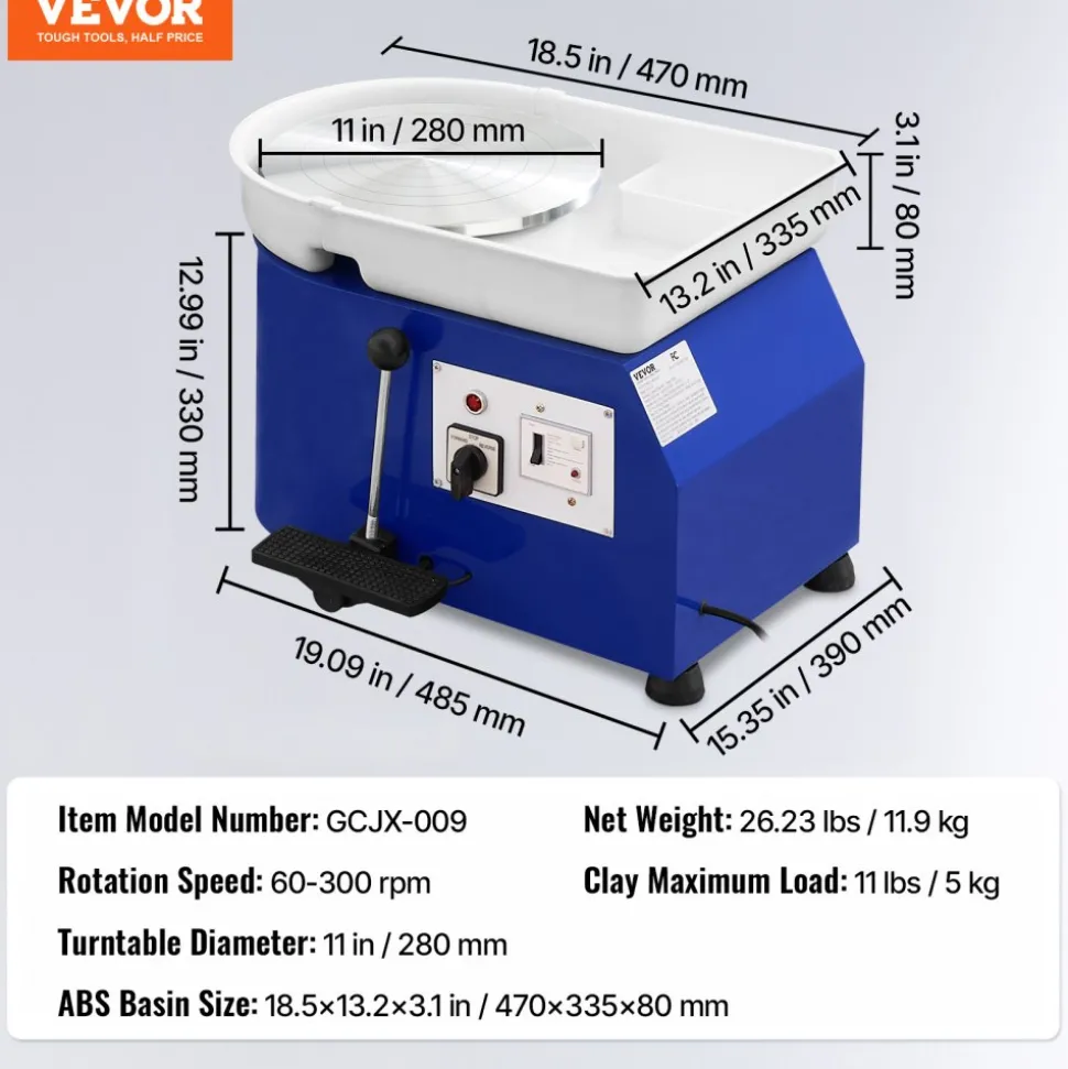 VEVOR Pottery Wheel, 350W, 11 in Clay Wheel Forming Machine, 60-300 RPM Adjustable Speed with Handle and Pedal Control, ABS Detachable Basin, Accessory Kit for Adults and Beginners Craft DIY, Blue