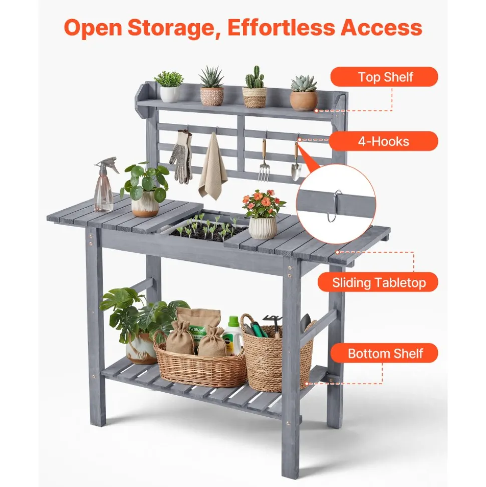 VEVOR Potting Bench Table, Outdoor Gardening Wooden Storage Cabinet with 39 x 19 in Wood Tabletop, Garden Planting Workstation with Large Storage Space for Patio, Backyard, Gray