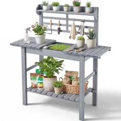 VEVOR Potting Bench Table, Outdoor Gardening Wooden Storage Cabinet with 39 x 19 in Wood Tabletop, Garden Planting Workstation with Large Storage Space for Patio, Backyard, Gray