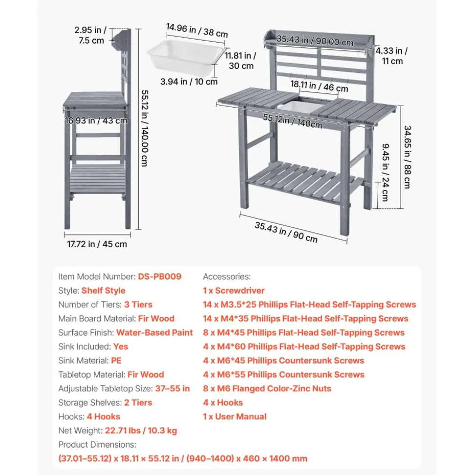 VEVOR Potting Bench Table, Outdoor Gardening Wooden Storage Cabinet with 39 x 19 in Wood Tabletop, Garden Planting Workstation with Large Storage Space for Patio, Backyard, Gray
