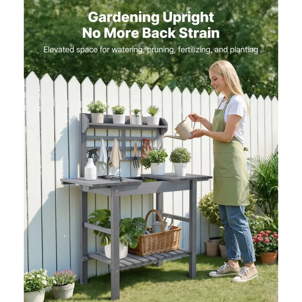 VEVOR Potting Bench Table, Outdoor Gardening Wooden Storage Cabinet with 39 x 19 in Wood Tabletop, Garden Planting Workstation with Large Storage Space for Patio, Backyard, Gray