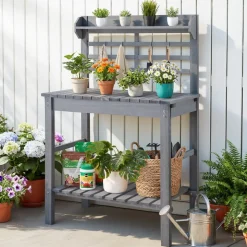 VEVOR Potting Bench Table, Outdoor Gardening Wooden Storage Cabinet with 39 x 19 in Wood Tabletop, Garden Planting Workstation with Large Storage Space for Patio, Backyard, Gray