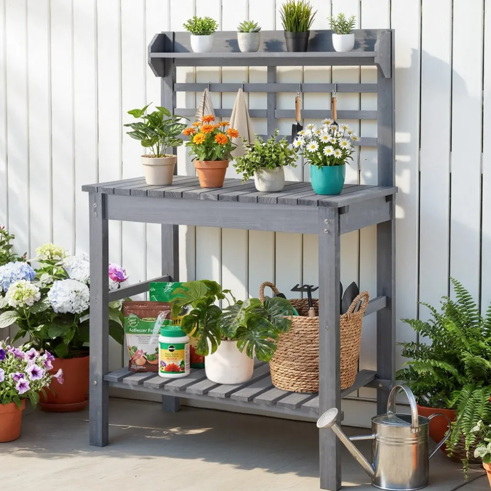 VEVOR Potting Bench Table, Outdoor Gardening Wooden Storage Cabinet with 39 x 19 in Wood Tabletop, Garden Planting Workstation with Large Storage Space for Patio, Backyard, Gray