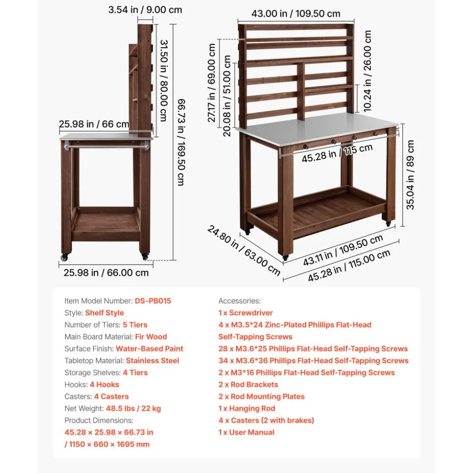 VEVOR Potting Bench Table, Outdoor Gardening Workstation with 45 x 26 in Stainless Steel Tabletop, Storage Shelves, 4 Casters, Hooks, Garden Planting Work Station for Outside Patio, Backyard, Brown