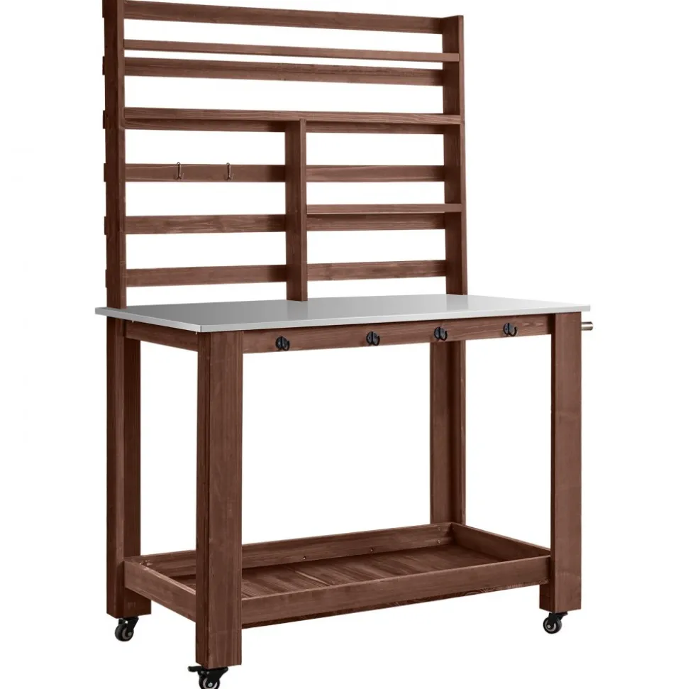VEVOR Potting Bench Table, Outdoor Gardening Workstation with 45 x 26 in Stainless Steel Tabletop, Storage Shelves, 4 Casters, Hooks, Garden Planting Work Station for Outside Patio, Backyard, Brown