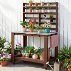 VEVOR Potting Bench Table, Outdoor Gardening Workstation with 45 x 26 in Stainless Steel Tabletop, Storage Shelves, 4 Casters, Hooks, Garden Planting Work Station for Outside Patio, Backyard, Brown