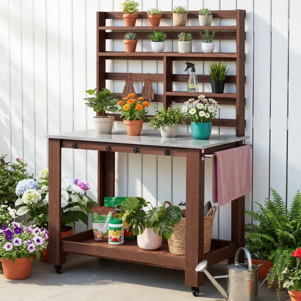 VEVOR Potting Bench Table, Outdoor Gardening Workstation with 45 x 26 in Stainless Steel Tabletop, Storage Shelves, 4 Casters, Hooks, Garden Planting Work Station for Outside Patio, Backyard, Brown