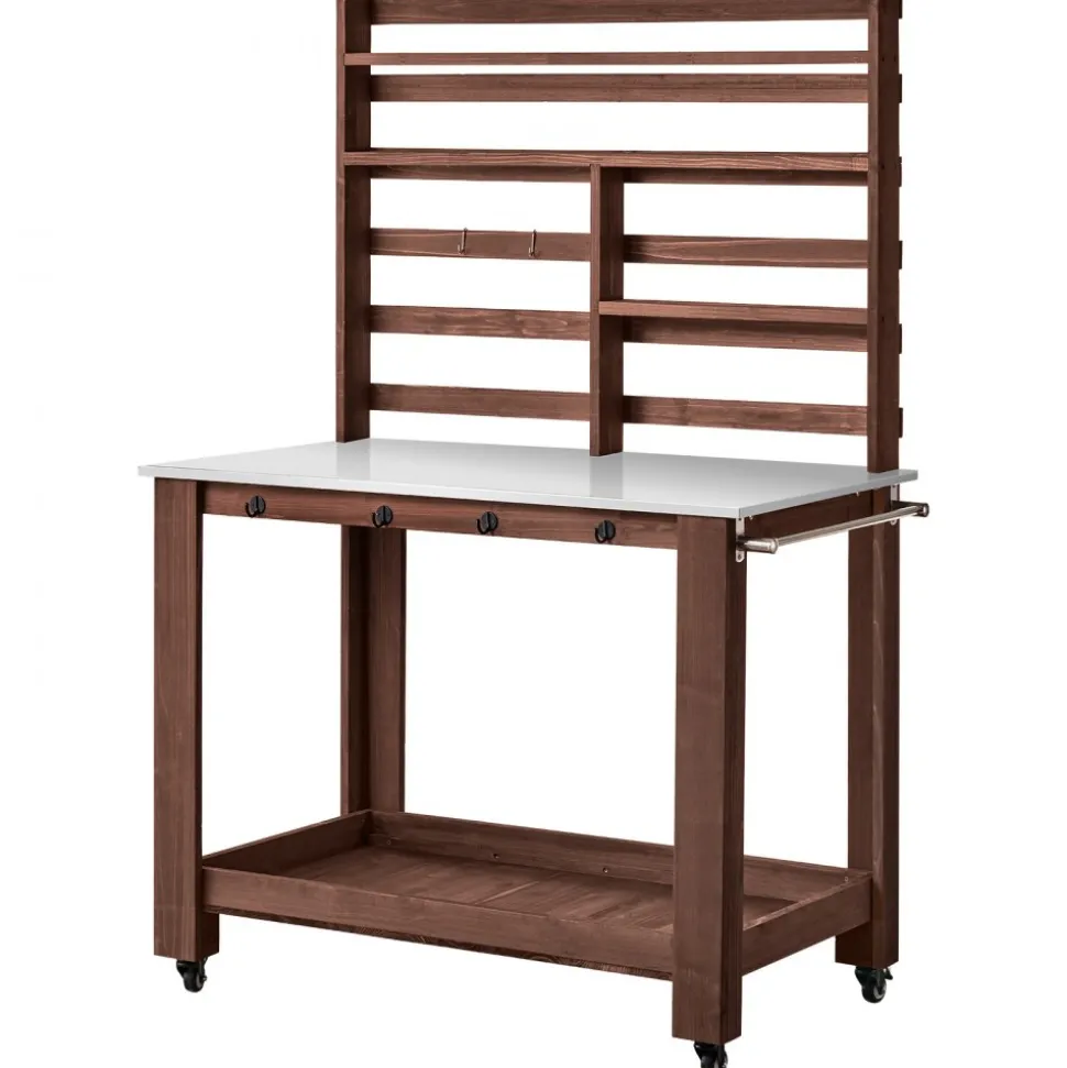 VEVOR Potting Bench Table, Outdoor Gardening Workstation with 45 x 26 in Stainless Steel Tabletop, Storage Shelves, 4 Casters, Hooks, Garden Planting Work Station for Outside Patio, Backyard, Brown