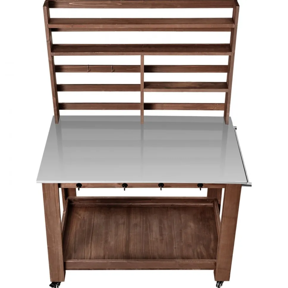 VEVOR Potting Bench Table, Outdoor Gardening Workstation with 45 x 26 in Stainless Steel Tabletop, Storage Shelves, 4 Casters, Hooks, Garden Planting Work Station for Outside Patio, Backyard, Brown