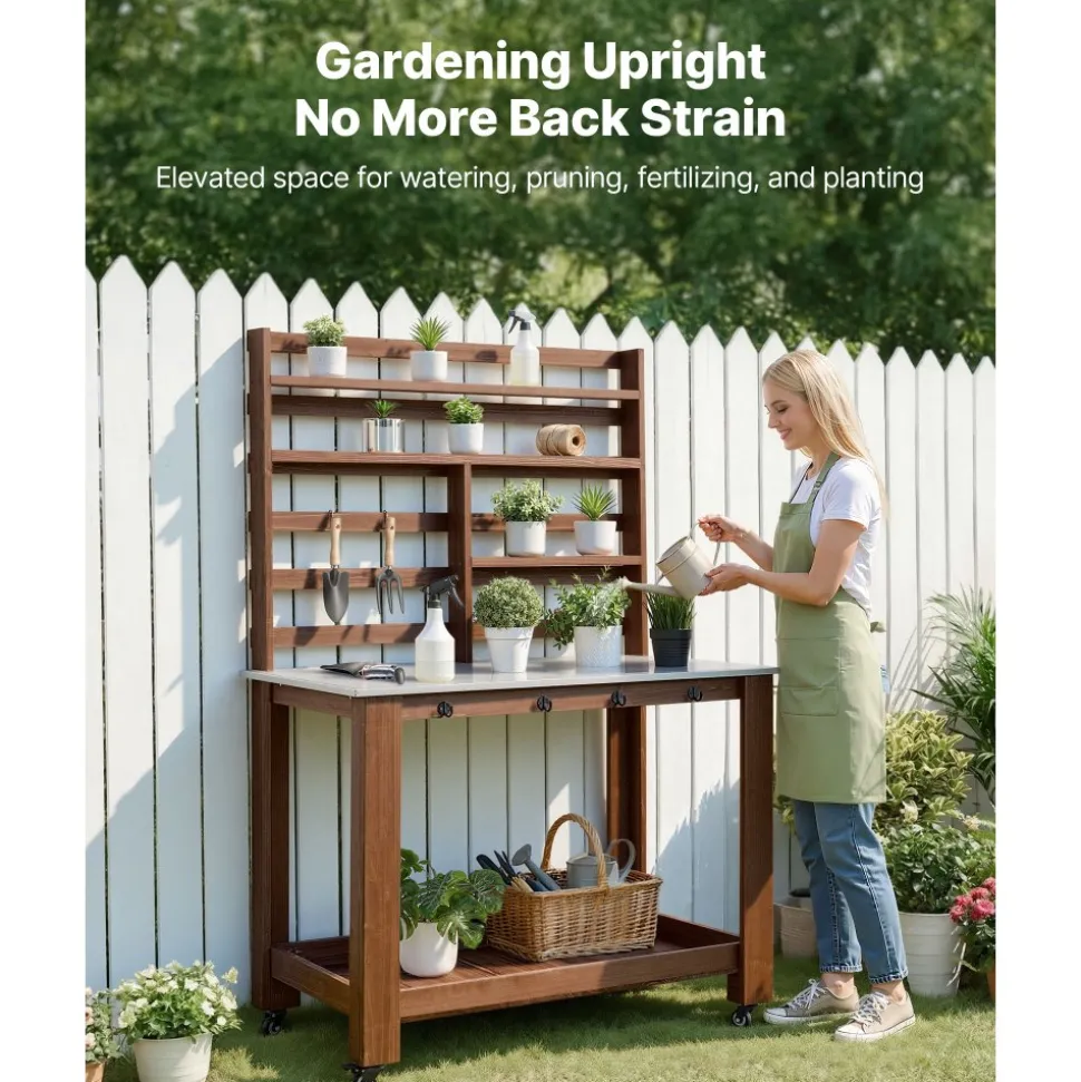 VEVOR Potting Bench Table, Outdoor Gardening Workstation with 45 x 26 in Stainless Steel Tabletop, Storage Shelves, 4 Casters, Hooks, Garden Planting Work Station for Outside Patio, Backyard, Brown