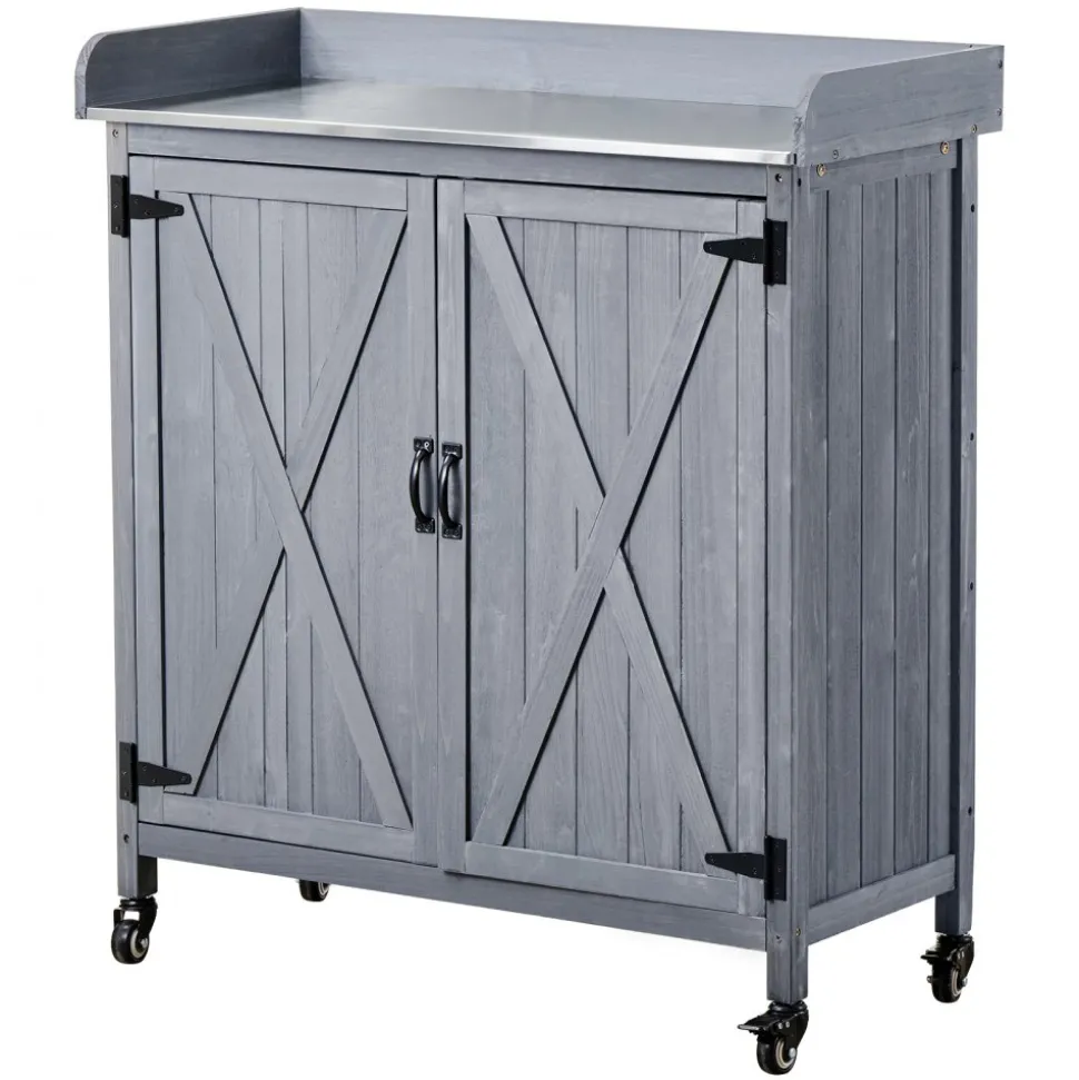 VEVOR Potting Bench Table, Outdoor Gardening Wooden Storage Cabinet with 36 x 16 in Galvanized Iron Tabletop, Garden Planting Workstation with Large Storage Space, 4 Casters for Patio, Backyard, Gray