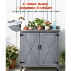 VEVOR Potting Bench Table, Outdoor Gardening Wooden Storage Cabinet with 36 x 16 in Galvanized Iron Tabletop, Garden Planting Workstation with Large Storage Space, 4 Casters for Patio, Backyard, Gray