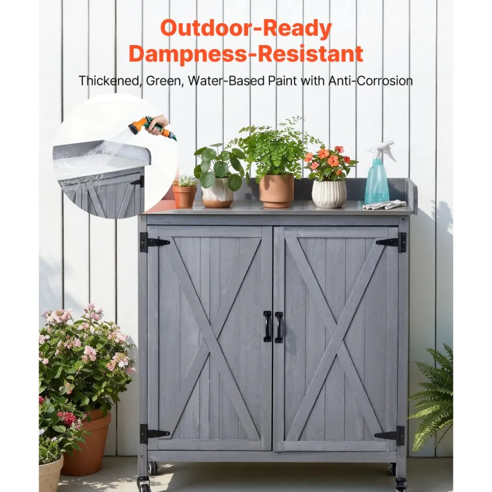 VEVOR Potting Bench Table, Outdoor Gardening Wooden Storage Cabinet with 36 x 16 in Galvanized Iron Tabletop, Garden Planting Workstation with Large Storage Space, 4 Casters for Patio, Backyard, Gray