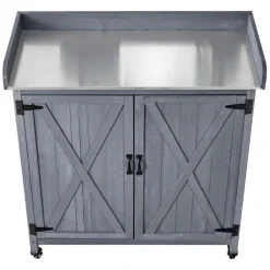 VEVOR Potting Bench Table, Outdoor Gardening Wooden Storage Cabinet with 36 x 16 in Galvanized Iron Tabletop, Garden Planting Workstation with Large Storage Space, 4 Casters for Patio, Backyard, Gray