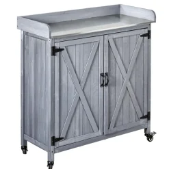 VEVOR Potting Bench Table, Outdoor Gardening Wooden Storage Cabinet with 36 x 16 in Galvanized Iron Tabletop, Garden Planting Workstation with Large Storage Space, 4 Casters for Patio, Backyard, Gray