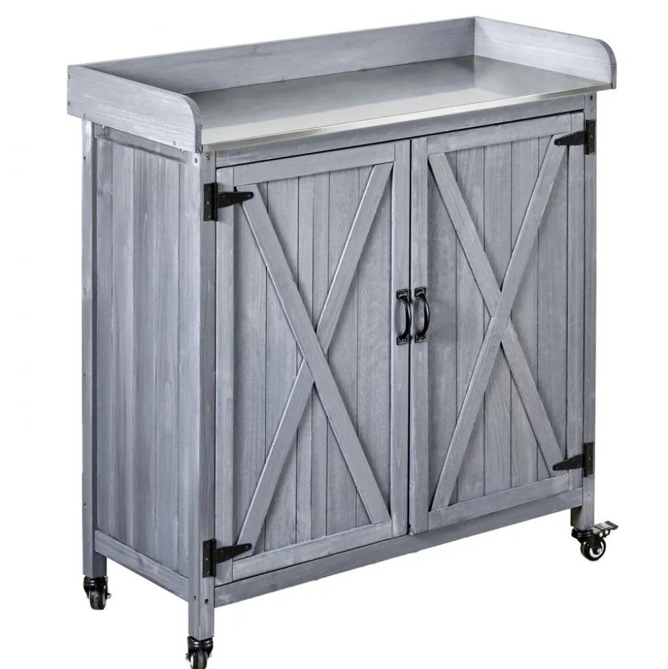 VEVOR Potting Bench Table, Outdoor Gardening Wooden Storage Cabinet with 36 x 16 in Galvanized Iron Tabletop, Garden Planting Workstation with Large Storage Space, 4 Casters for Patio, Backyard, Gray