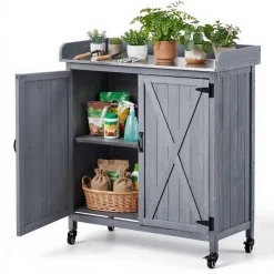VEVOR Potting Bench Table, Outdoor Gardening Wooden Storage Cabinet with 36 x 16 in Galvanized Iron Tabletop, Garden Planting Workstation with Large Storage Space, 4 Casters for Patio, Backyard, Gray
