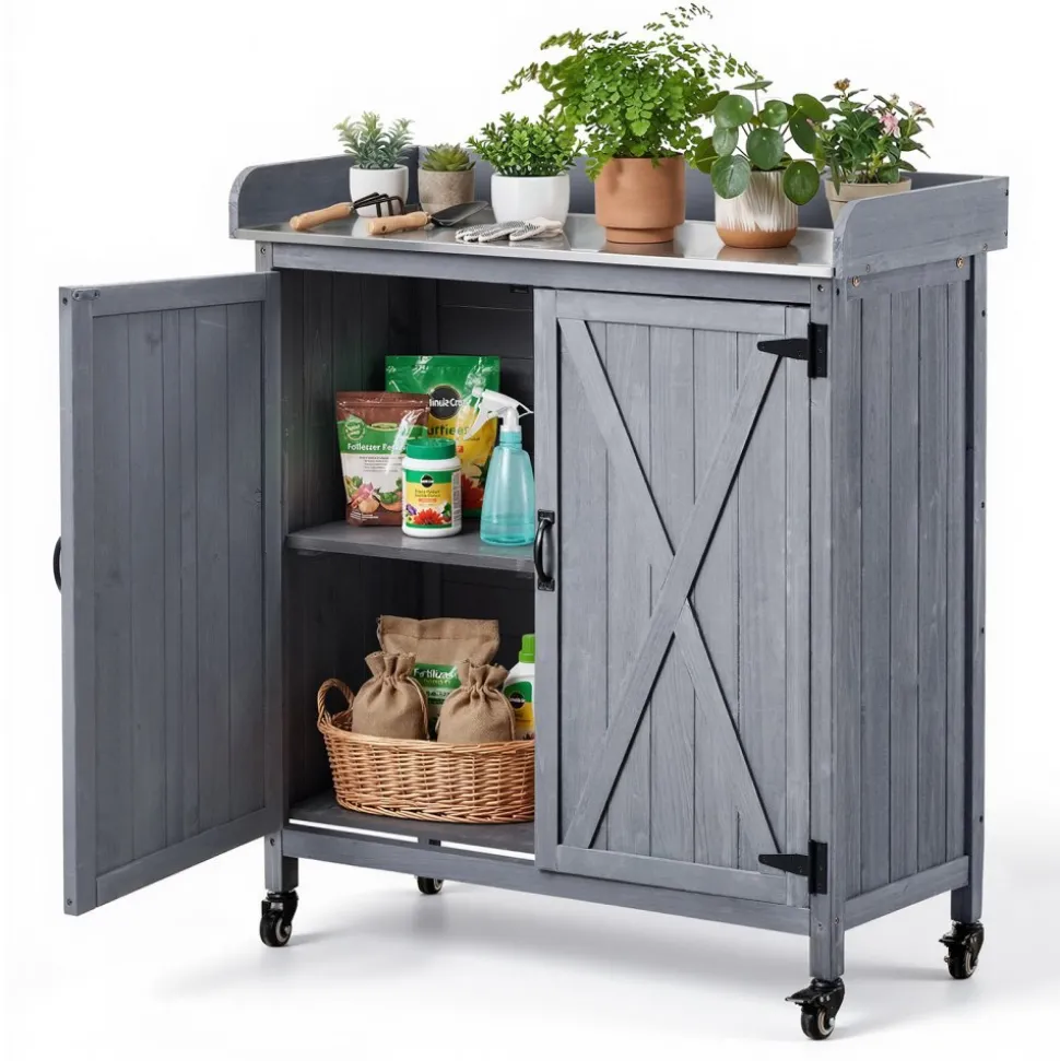 VEVOR Potting Bench Table, Outdoor Gardening Wooden Storage Cabinet with 36 x 16 in Galvanized Iron Tabletop, Garden Planting Workstation with Large Storage Space, 4 Casters for Patio, Backyard, Gray