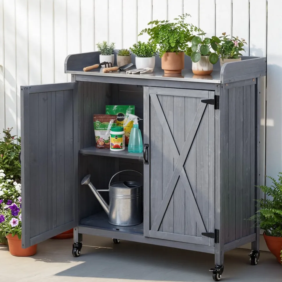 VEVOR Potting Bench Table, Outdoor Gardening Wooden Storage Cabinet with 36 x 16 in Galvanized Iron Tabletop, Garden Planting Workstation with Large Storage Space, 4 Casters for Patio, Backyard, Gray