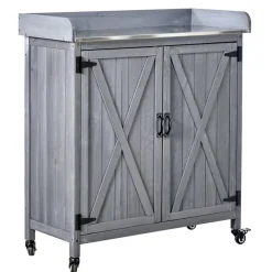 VEVOR Potting Bench Table, Outdoor Gardening Wooden Storage Cabinet with 36 x 16 in Galvanized Iron Tabletop, Garden Planting Workstation with Large Storage Space, 4 Casters for Patio, Backyard, Gray