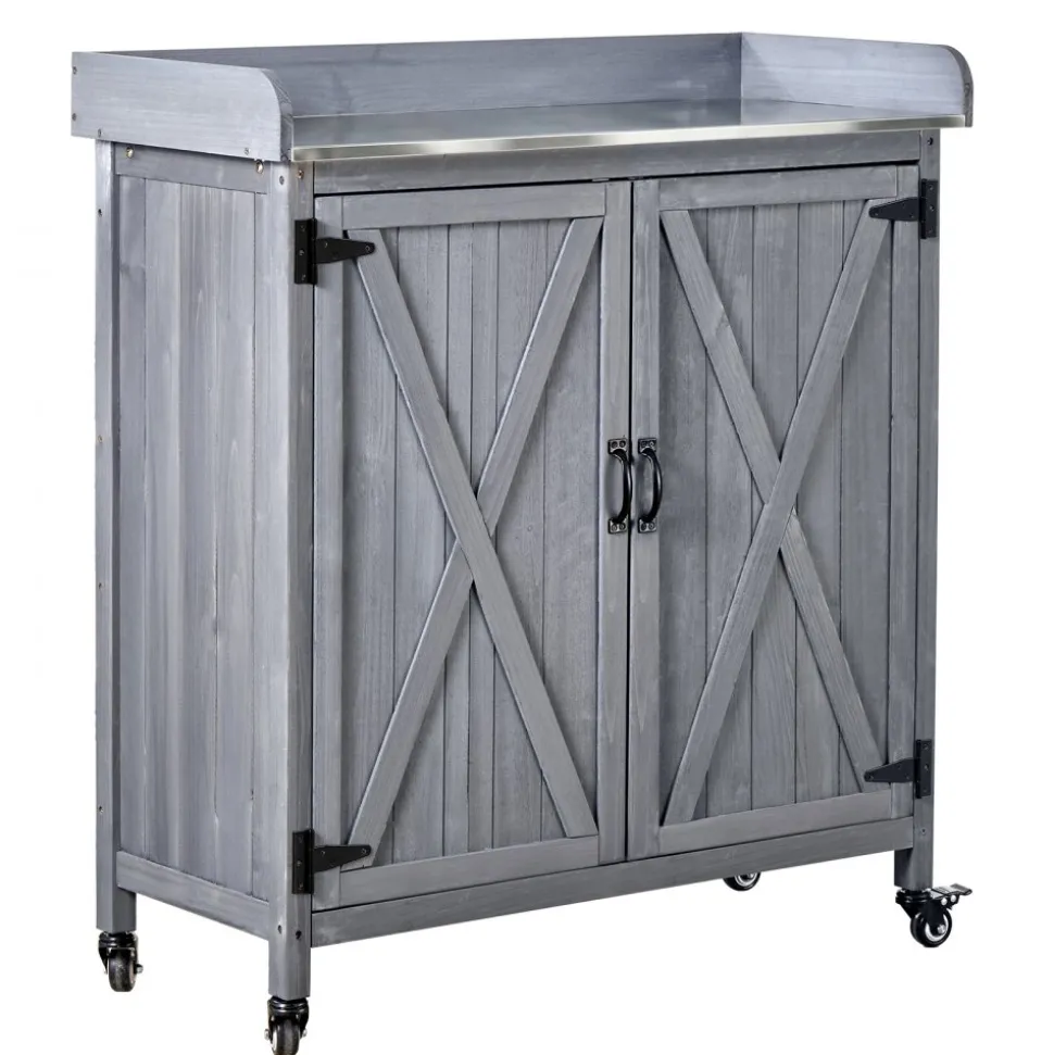 VEVOR Potting Bench Table, Outdoor Gardening Wooden Storage Cabinet with 36 x 16 in Galvanized Iron Tabletop, Garden Planting Workstation with Large Storage Space, 4 Casters for Patio, Backyard, Gray