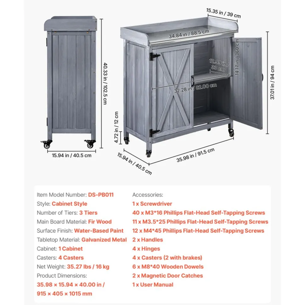 VEVOR Potting Bench Table, Outdoor Gardening Wooden Storage Cabinet with 36 x 16 in Galvanized Iron Tabletop, Garden Planting Workstation with Large Storage Space, 4 Casters for Patio, Backyard, Gray